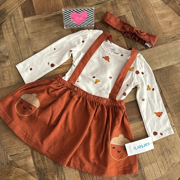 🍁🍂Carter Baby Girl Carter's Autumn Gourd Tee, Acorn Jumper, & Headwrap Set NWT - Picture 1 of 8